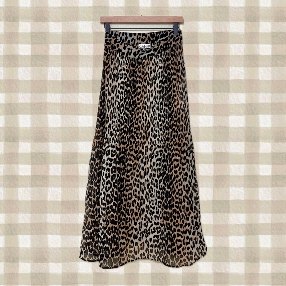 Ganni Leopard Print Designer Pleated Midi Skirt